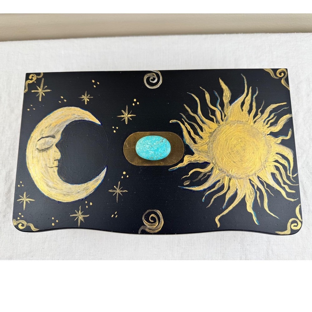 Celestial Sun Moon Whimsigoth Wooden Jewelry Box Black Gold Hand Painted 11"